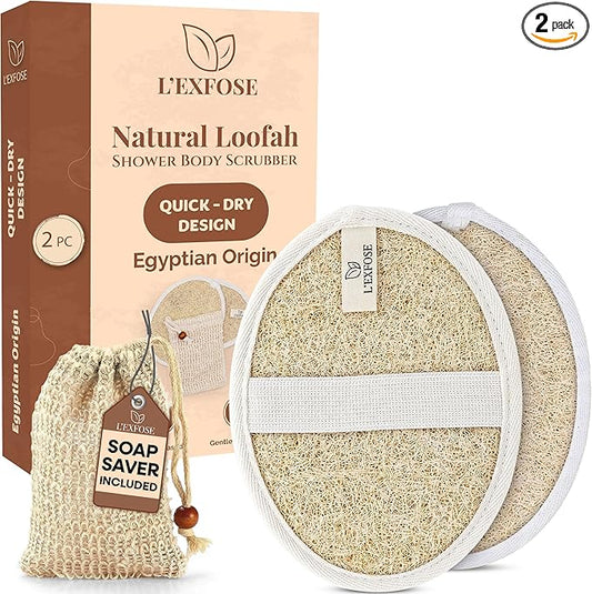 L'Exfose Organic Natural Loofah Body Scrubber for Shower – Dual Sided Egyptian Fiber Plastic Free Loofah – Quick Dry Natural Body Scrubber with Sisal Soap Saver Bag – Minimal Spa Gift for Men Women