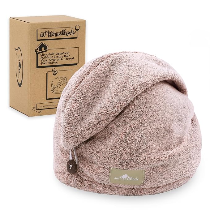 myHomeBody Hair Towel Wrap, Quick Drying Turban, Absorbent Cap – Pink | Hair Turban Towel for wet hair, Ultra Soft Charcoal Fiber Cap, Towel Head Wrap for bathing with Coconut Shell Button
