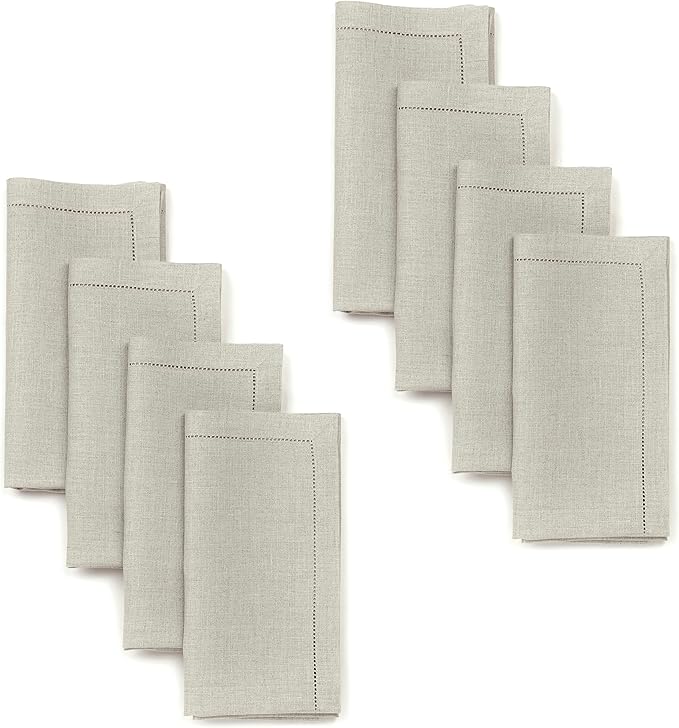 Signature Linen™ by D'Moksha Natural Dinner Napkins Set of 8, 20 x 20 Inch Cloth Napkins, 100% Pure Linen, Hemstitch, Machine Washable Table Napkins- Summer, Father's Day