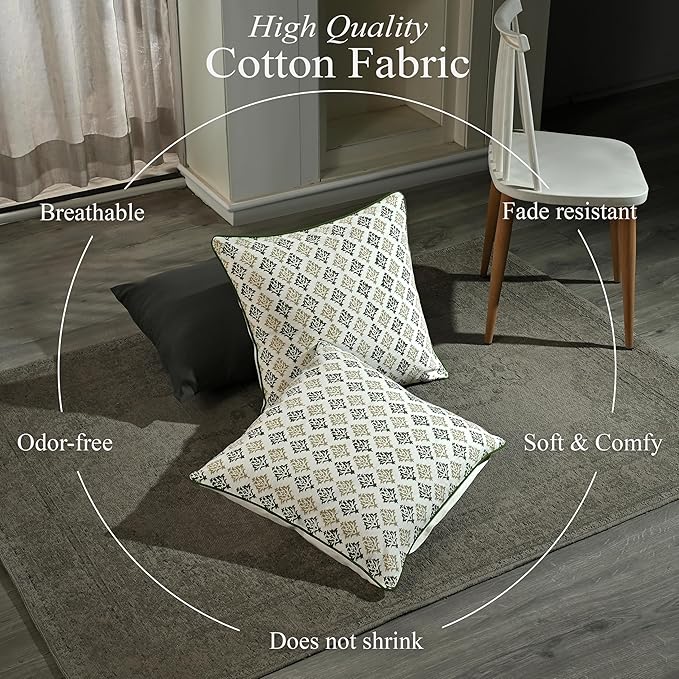 CPC Botanical Trellis Green Block Print Throw Cushion Cover 18 x 18 Inch Set 2 - Decorative Boho Floral Pillow Case for Living Room, Bed, Sofa, Couch, Home Decor Gift for Spring, Mother's Day
