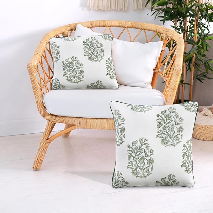 CPC Sage Green Block Print Throw Cushion Cover 20 x 20 Inch Set 2 - Decorative Boho Floral Pillow Case for Living Room, Bed, Sofa, Couch, Home Decor Cushion Cover Gift for Spring, Mother's Day