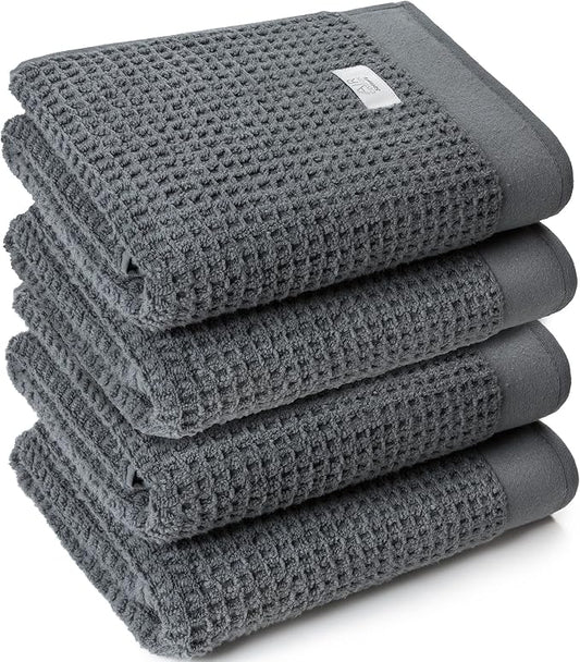 Softerry Waffle Bath Towel Set - 100% Soft Cotton - Plush and Extra Absorbent - Luxury Hotel & Spa Quality - Fade Resistant - Eco-Friendly (Space Gray, Set of 4 Bath)