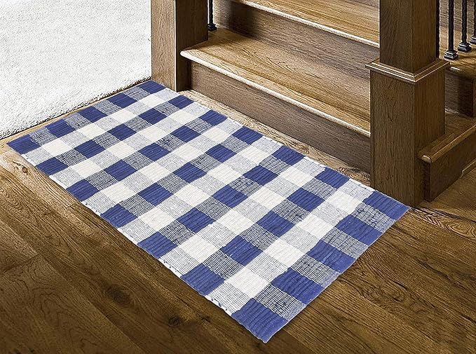 GLAMBURG Cotton Buffalo Check Plaid Washable, Handwoven Checkered Welcome Door Mat 18x30 for Kitchen Bathroom Outdoor Porch Laundry Living Room, Farmhouse Reversible Rag Rug Blue White