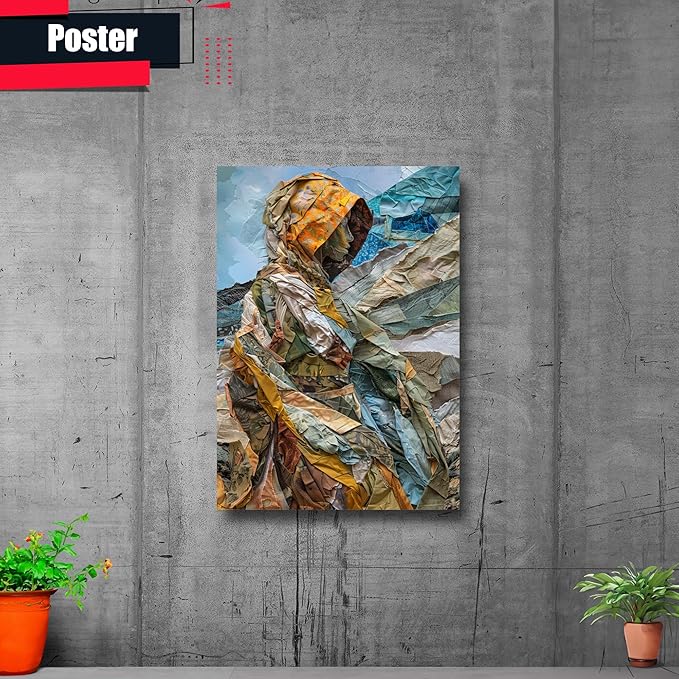 Print artistic nicely depicts a wild mountains, many pieces of fabric and torn paper of different textures and colors, Minimalist Wall Art, Wall