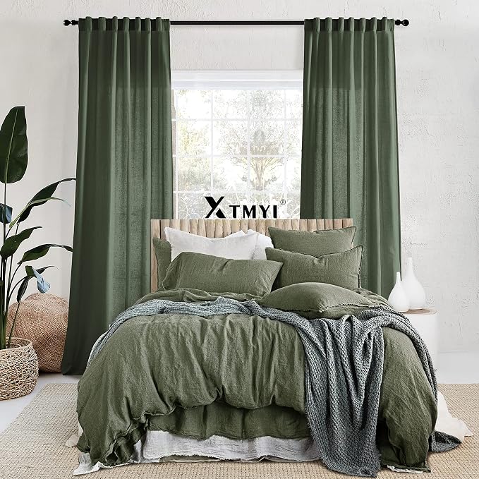 XTMYI Living Room Drapes 70 Inch Wide by 84 Long for 72 in Width Window, Back Tab Hooks Pleated Linen Cotton Extra Wide Boho Semi Sheer Curtains for Bedroom Set 2 Panels,70x84 Inch Length,Olive Green