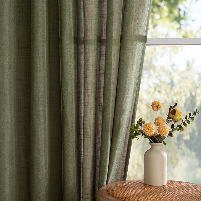 MYSKY HOME Curtains for Living Room 84 Inches Long Semi Sheer Light Filtering Privacy Drapes Linen Look Textured Boho Home Decor, Backdrop Curtain for Parties, 50" x 84", Olive Green, 2 Panels