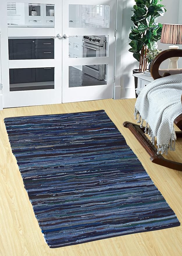 Handmade Cotton Chindi Rug Runner Area Rag Washable Recycled Rugs for Home Décor, Living Room and Bedroom (NavyBlue, 3X5 Feet)