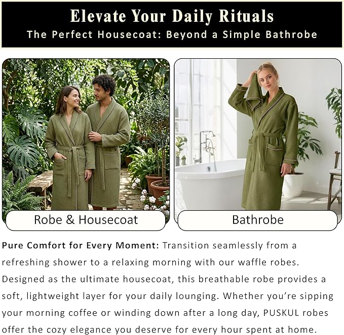 PÜSKÜL Luxury Waffle Robe for Women & Men - Natural 100% Turkish Cotton Bathrobe - Housecoat Womens & Housecoat Mens
