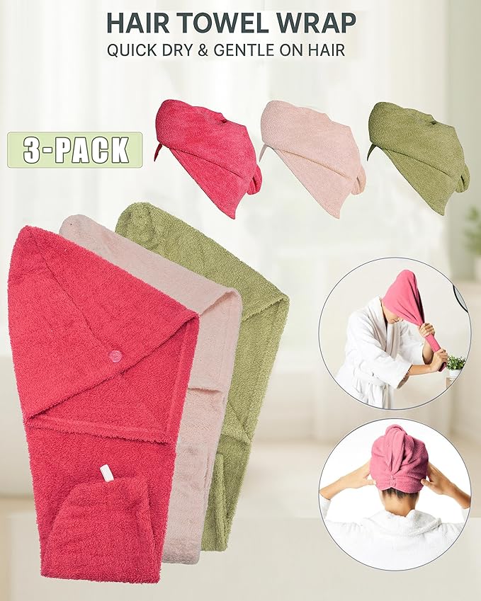 Textila 100% Cotton Hair Wrap Towels for Women (Pack of 3, Rasberry, Pink & Green) – Soft & Absorbent Turban Towels for Long, Curly, Frizz-Prone Hair