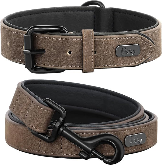 Didog Soft Padded Leather Dog Collar and Leash Set, Adjustable Dog Leash and Collar Set with Metal Buckle, Breathable Dog Collars with 4FT Leather Dog Leash for Small Medium Large Dogs, Brown, XL