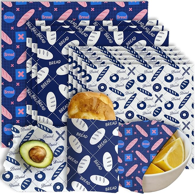 Reusable Beeswax Wraps, 9 Pack Eco-Friendly Food Covers, Organic, Sustainable, Zero Waste, Plastic-Free, For Sandwich, Snack, Bowl, 1XL, 3M, 5S, Assorted Blue & White Bread Bakery Pattern