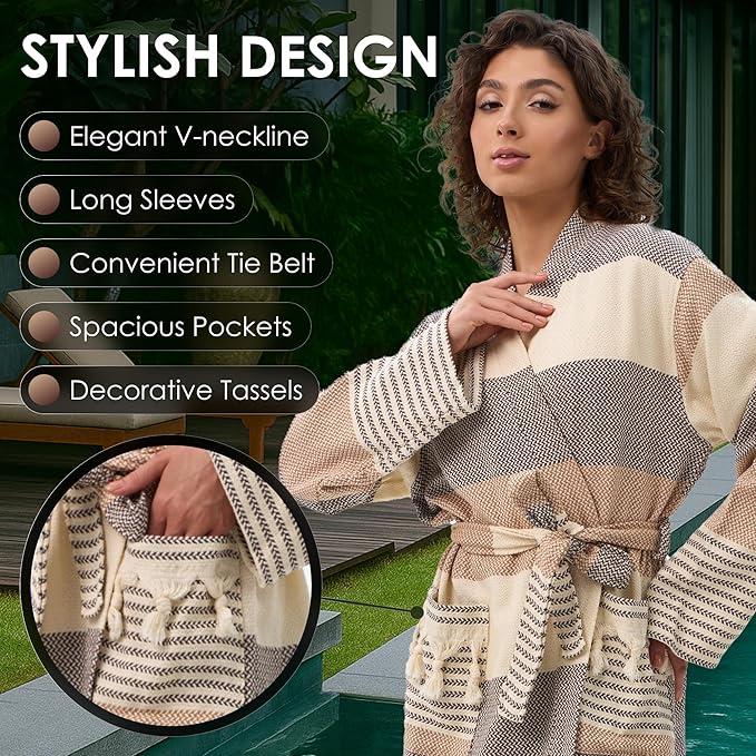 ATANI 100% Turkish Cotton Bathrobe S-XXL for Women & Men – Peshtemal Style Soft Cozy Lounge Robe, Absorbent & Lightweight