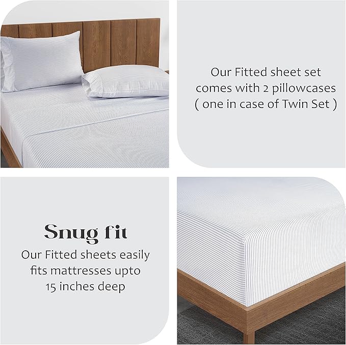 LANE LINEN 100% Organic Cotton Twin Size Fitted Sheet & Pillowcase (No Flat Sheet) - Soft & Breathable Percale Weave Fitted Sheet Set - 15'' Deep Pocket For Snug Fit - GOTS Certified - Ticking Stripe