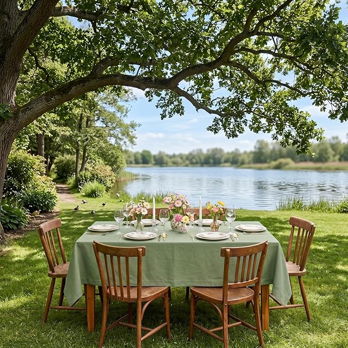 Solino Home Linen Tablecloth 60 x 156 Inch - 100% Pure Linen Oil Green Table Cloth for Rectangle Tables - Fete, Machine Washable Tablecloth for Summer