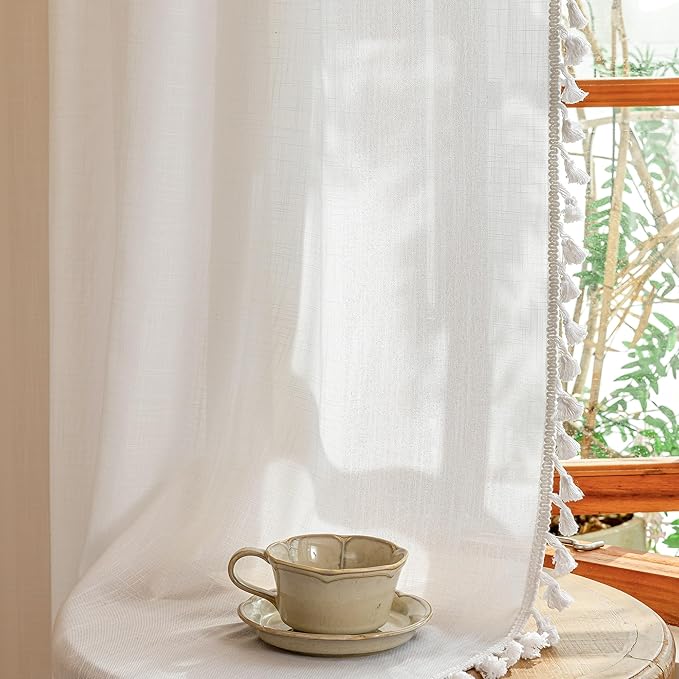 MYSKY HOME Boho Farmhouse White Long Curtains for Living Room, Light Filtering Privacy Semi Sheer Window Treatments with Tassle for Sliding Glass Door, 50" W×90" L, Pure White, Set of 2