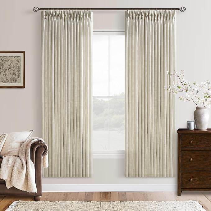 Flax Linen Blend 72 Inch Curtains for Bedroom Rustic Pinch Pleat Semi Sheer Window Drapes Light Filtering Privacy Cottagecore Farmhouse Office Sunroom Cabin Back Tab Viral Pleated Curtains 50x72