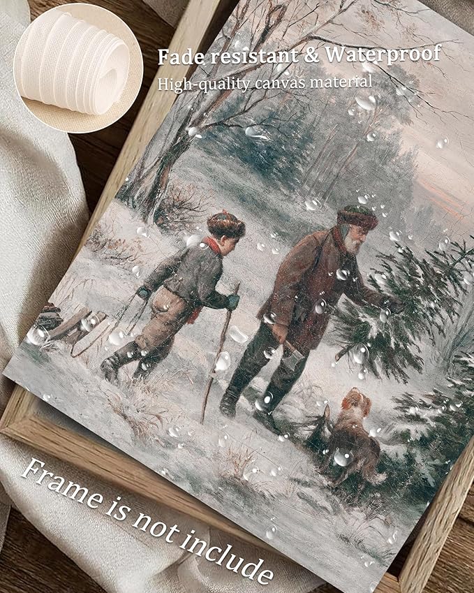 Vodefoad Vintage Christmas Wall Art Winter Landscape Painting Retro Xmas Antique Rustic Canvas Print Snowy Christmas Winter Print for Gallery Bedroom Bathroom - 8x10Inch Unframe