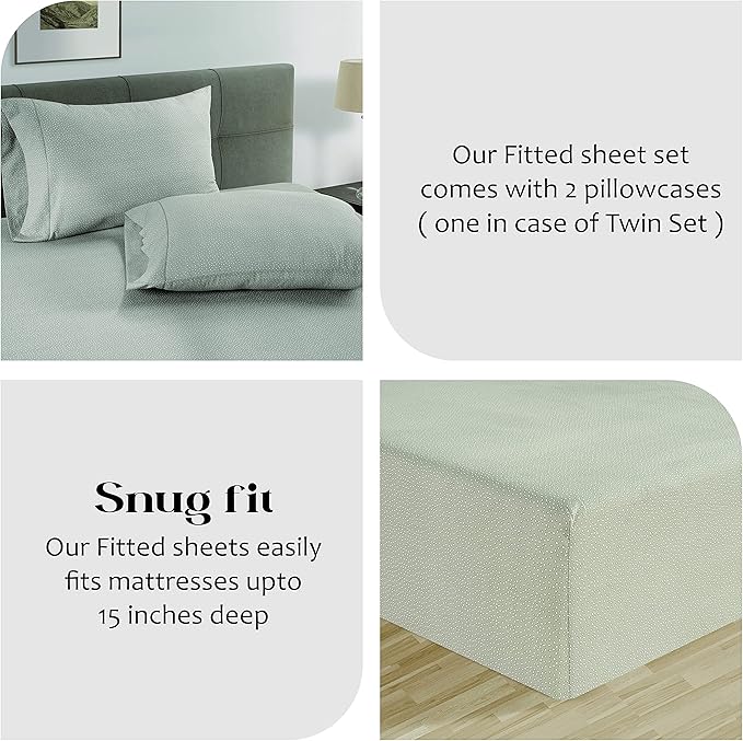 LANE LINEN Twin XL Fitted Sheet, 100% Organic Cotton 2-Piece Set (1 Fitted Sheet, 1 Pillowcase), Percale Weave, Bottom Sheet, Soft, Fits Mattress Upto 15" Deep - Grey (White Dot)(No Flat Sheet)