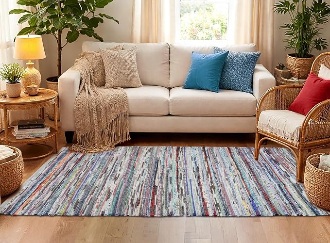 COTTON CRAFT Cotton Chindi Rag Rug - 3x5 ft – Handwoven Reversible Boho Farmhouse Accent Area Rug – Multicolor Recycled Cotton Yarn Throw Accent for Bedroom, Entryway, Kitchen & Living Room