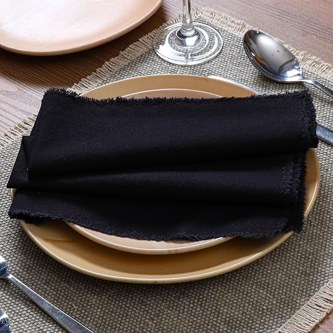 Ramanta Home Cloth Napkins Set of 12 Black 18x18 Inch - Spring Soft & Durable Frayed Dinner Napkin for Easter Wedding, Birthday, Party | Heavy Weight Fabric Table Linen for Everyday Use Family Dinners