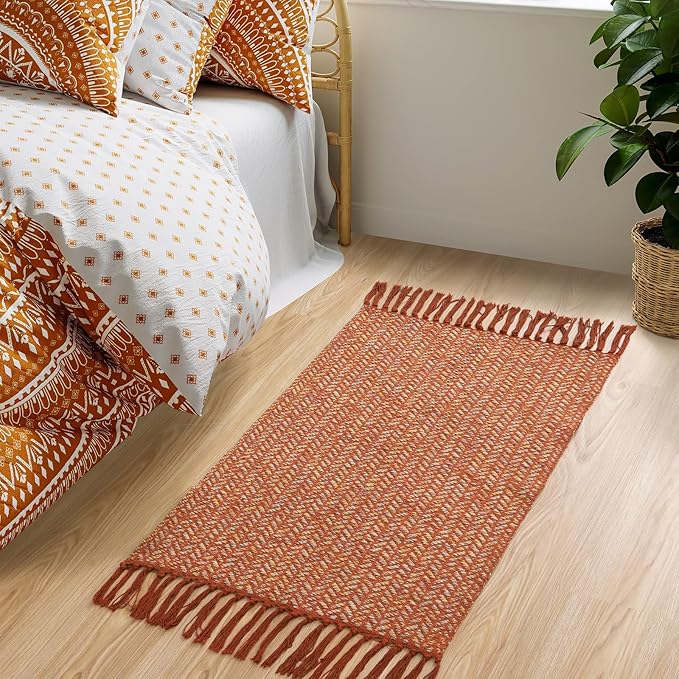 Lahome Belle Boho Fall Kitchen Rug, 2x3 Bathroom Rug Lightweight Indoor Door Mats for Entryway Small Cotton Area Rug with Tassels, Farmhouse Washable Throw Rugs Low Pile Carpet for Bedroom