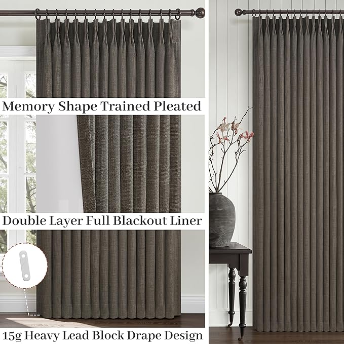 Pinch Pleated Extra Long 102 Inches Curtains for Dining Room 2 Panels Set, Full Blackout Memory Trained Double Layer Linen Chocolate Tart Thermal Noise Reducing Farmhouse Drapes for Large Windows