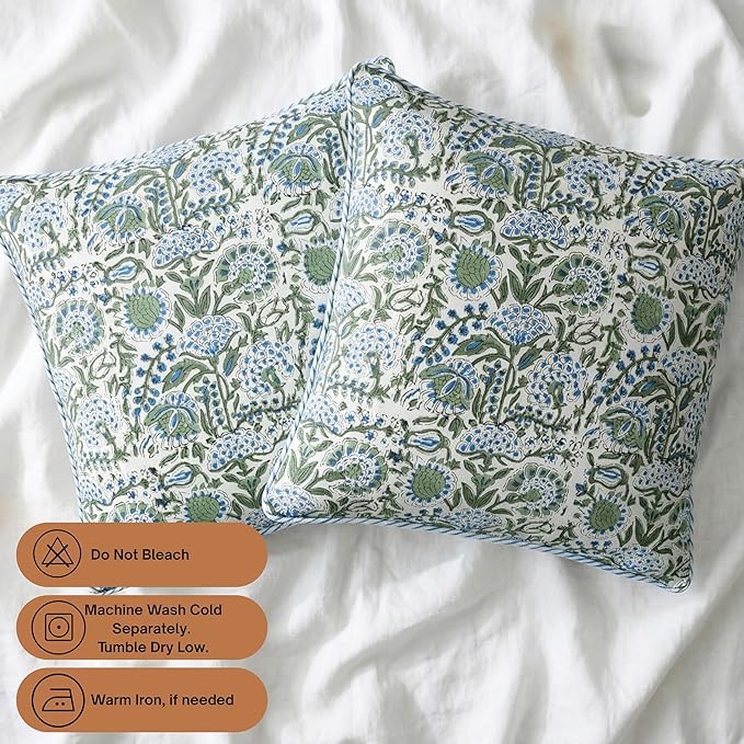ATOSII Block Print Throw Pillow Covers, 18 X 18 - Set of 2, Decorative Couch Pillows for Living Room Bed Sofa, 100% Cotton Canvas Pillow Case for Home Decor & Outdoors, Preppy Throws - Clover Blue