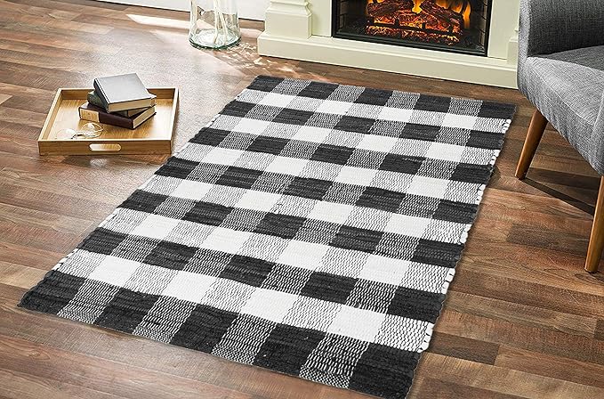 GLAMBURG Cotton Buffalo Check Plaid Washable, Handwoven Checkered Welcome Door Mat 18x30 for Kitchen Bathroom Outdoor Porch Laundry Living Room, Farmhouse Reversible Rag Rug Black White
