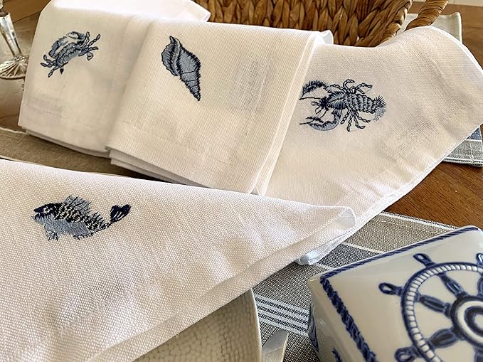 White Linen Dinner Napkins - 100% Linen Cloth - Fully Hemmed with Mitered Corners - Washable - Pack of 4 (Nautical Marine Embroidered)