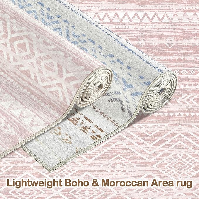 Tortania Area Rug Living Room Rugs- 8x11 Washable Large Soft Neutral Boho Moroccan Bohemian Farmhouse Rug Indoor Floor Carpet for Bedroom Under Dining Table Home Office Decor - Pink