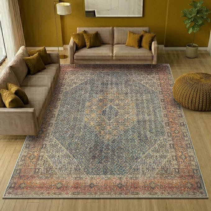 Keen Home Design 8x10 Rug - Machine Washable Area Rug with Non-Slip Backing, Ideal for Living Room, Dining Room, Bedroom - Vintage, Easy Clean, Durable, Low Pile Rug - (8' x 10')
