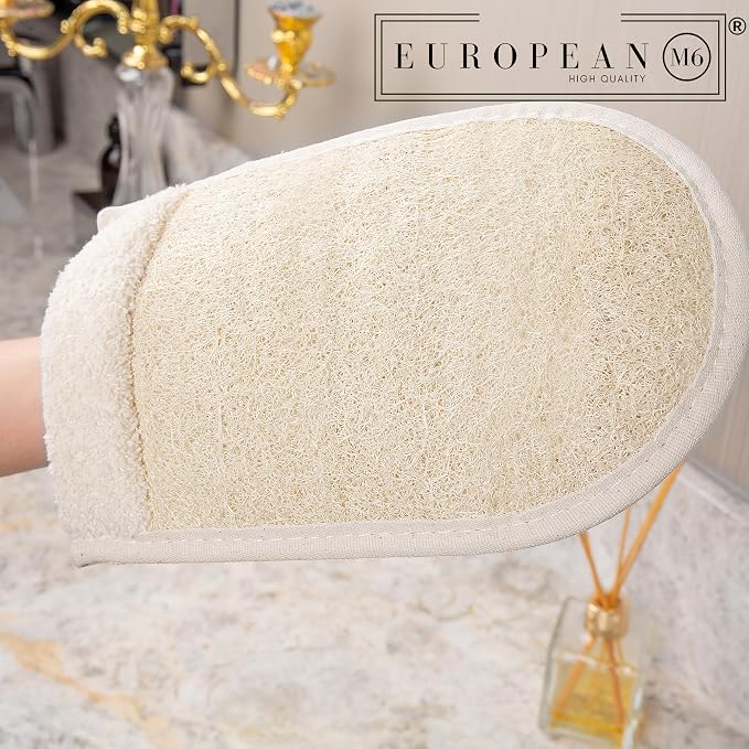 Egyptian Loofah Sponge, Large Double-Sided Exfoliating Mitt | Natural Wearable Shower Gloves With Soft And Firm Textures For Deep Body Scrubbing (3 Count)