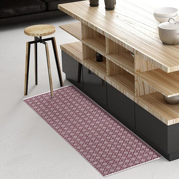 Cotton Diamond Woven Runner Rug 2x6 Feet - Burgundy, Non Slip Super Soft Farmhouse Space Patio Throw Carpet Ideal for Hallways, Kitchen, Living Room | Mehroon Large Bedroom Area Décor Floor Décor Mats