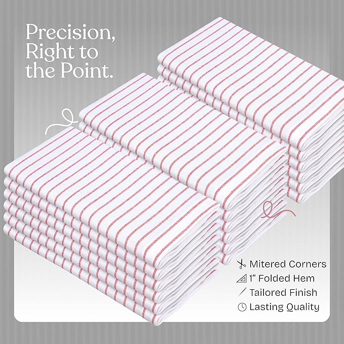 Red Stripe Dinner Napkins (Set of 12), Large 18 x 18 Inches, 100% Cotton, Soft, Absorbent & Durable Classic Striped Table Napkin for Everyday Use, Parties, Wedding Receptions, Lunch