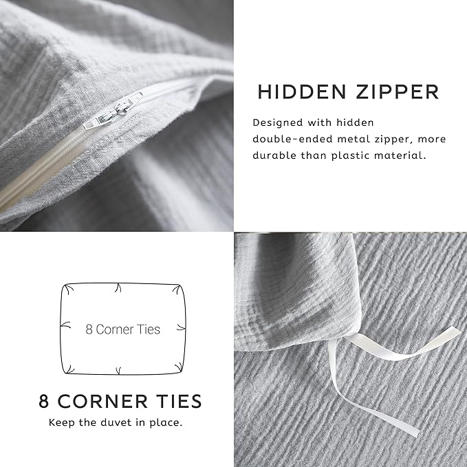 SE SOFTEXLY Muslin Duvet Cover Queen Size, 100% Washed Cotton Duvet Cover Set, Ultra Soft Comforter Cover Linen Like, 3 Pieces Minimalist Gauze Duvet Cover with 2 Pillowcases, 90"x90", Light Grey