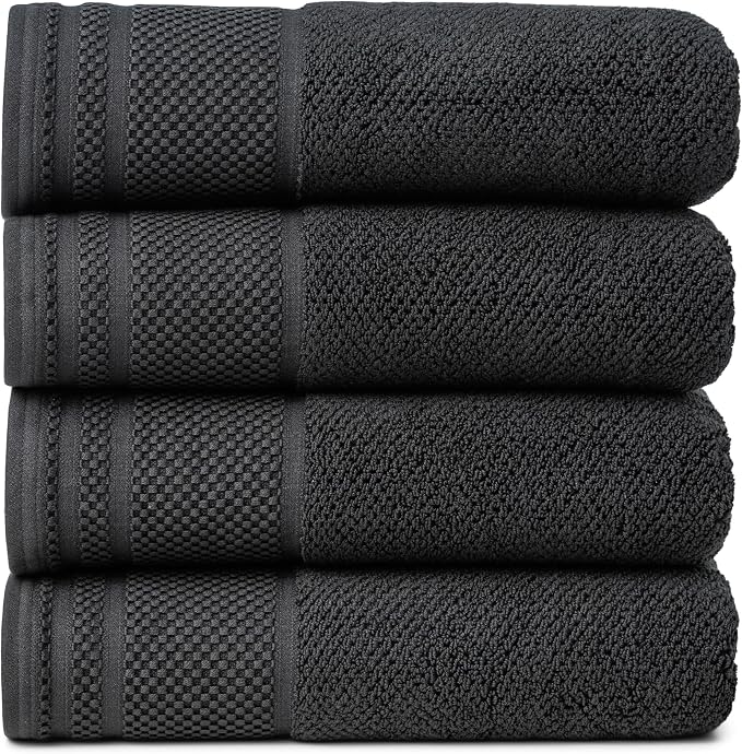 Texere 100% Organic Cotton Rice Weave Jacquard 700 GSM Luxury Bath Towel Sets - Ultra Soft and Absorbent Hotel and Spa Quality (Rice Weave, Black, 4 Bath Towels)