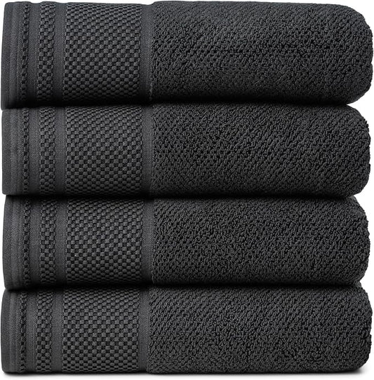 Texere 100% Organic Cotton Rice Weave Jacquard 700 GSM Luxury Bath Towel Sets - Ultra Soft and Absorbent Hotel and Spa Quality (Rice Weave, Black, 4 Bath Towels)