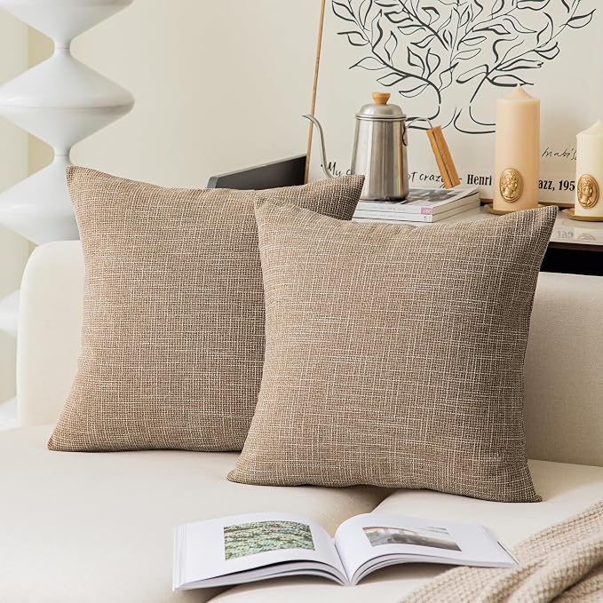 Kevin Textile Textural Faux Linen Throw Pillow Covers 18x18 Inch Cushion Netural Farmhouse Shams for Couch Sofa Bedroom, Invisible Zipper, 45x45CM(Set of 2, Natural Linen)