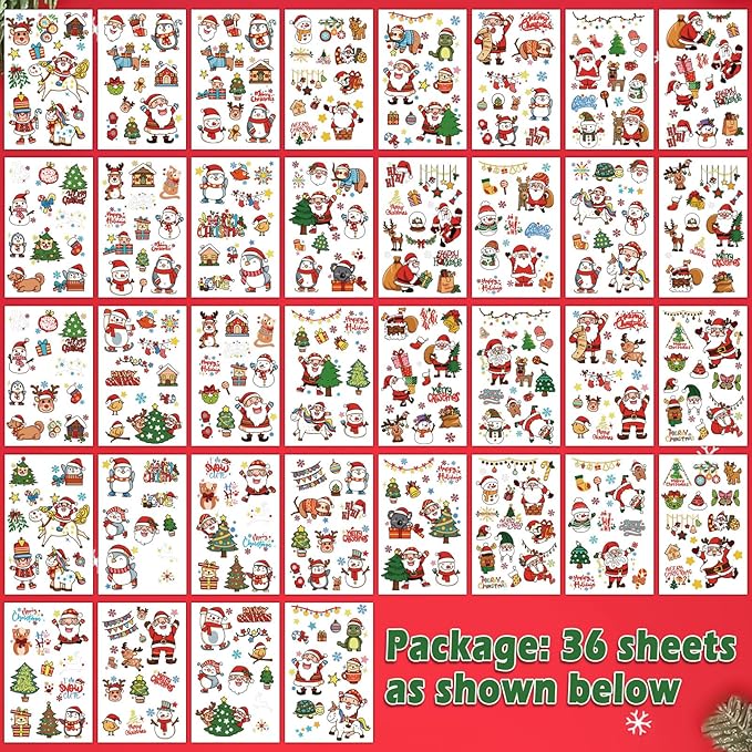 36 Sheets Christmas Temporary Tattoos, Snowman Penguin Elk Santa Tattoos for Christmas Stocking Stuffers & Gifts Party Favors for Kids, Waterproof Available for 2-3 Days, Makeup Remover Water Washable