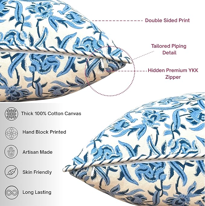 ATOSII Block Print Boho Throw Pillow Covers, 24 X 24, Set of 2, Decorative Couch Pillows for Living Room, 100% Cotton Canvas Acccent Pillows, Christmas Thanksgiving Fall Preppy Throws - Midnight Bloom