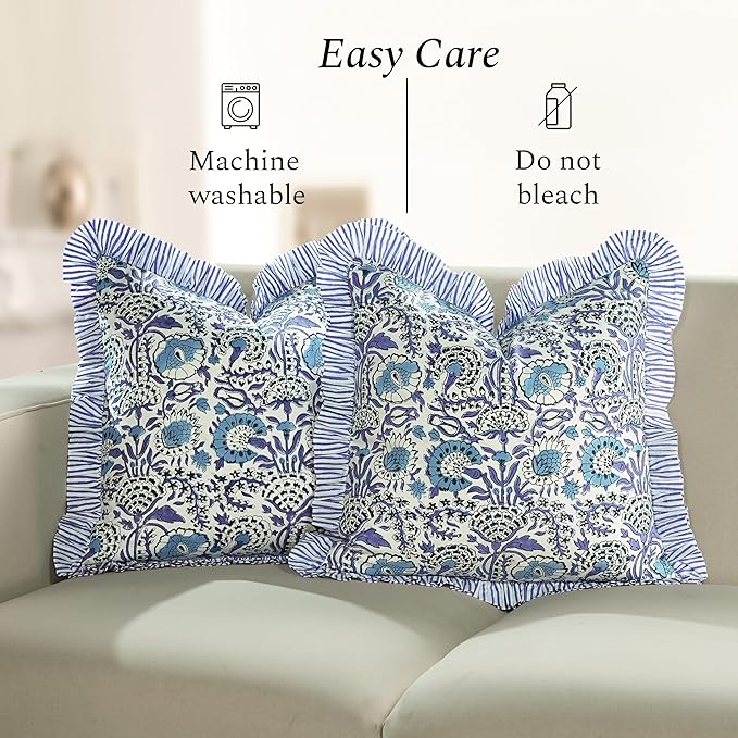 CPC Indigo Blue Ruffle Throw Pillow Covers for Couch, 18x18 Inch Cotton Stripe Ruffle Couch Pillows for Living Room, Hidden 14 Inch Zipper Boho Pillow Case or Cute Outdoor Pillows