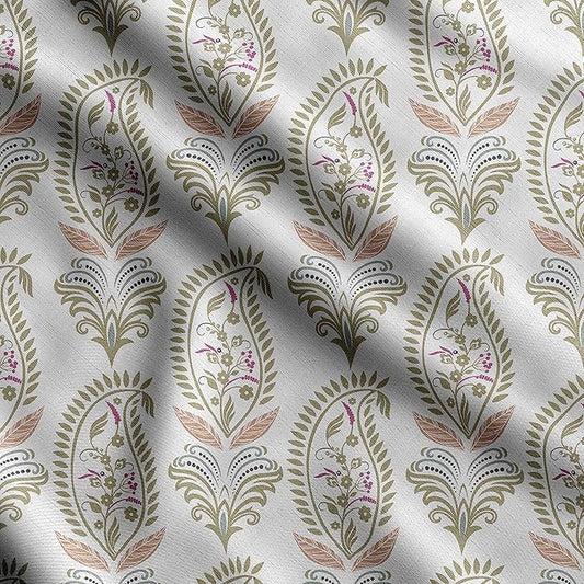 Soimoi Heavyweight Cotton Poplin Fabric Material, Beige - Asian Paisley Printed-42 Inch Wide, Natural Cotton Material for Quilt Making, Dress, Skirts, Pajamas, Pillowcase, Tablecloth, Kurtis, 1 Yard