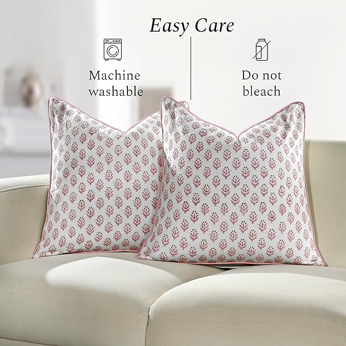 CPC Throw Piping Pillow Covers for Couch, 18x18 Inch Pillows for Living Room, 100% Cotton Boho Cute Outdoor Pillows, Flower Cushion Covers Gift for Spring, Easter - Cottage Mauve Bloom