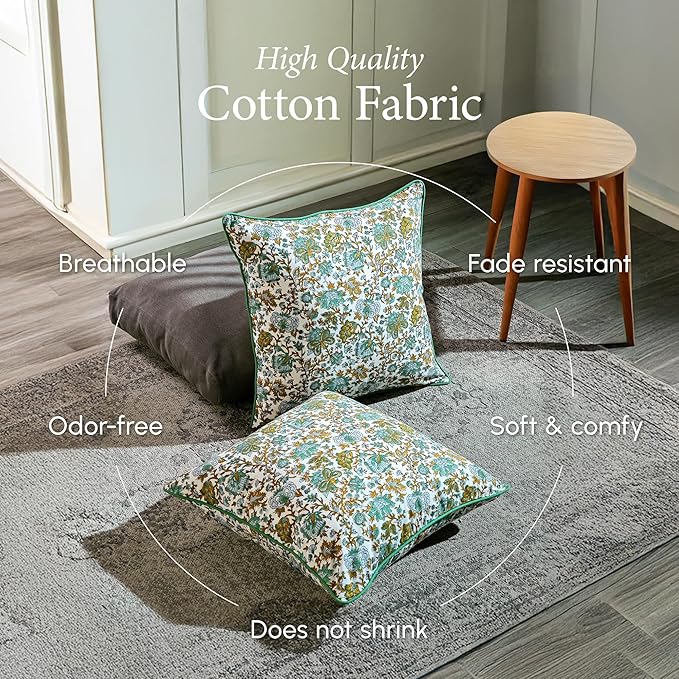 CPC 100% Cotton Throw Pillow Covers 24x24 Inch, Set of 2 Blue Block Print Pattern Couch Pillow, Cute Boho Decorative Pillows for Living Room, Bedroom with Hidden Zipper- Harvest Bloom