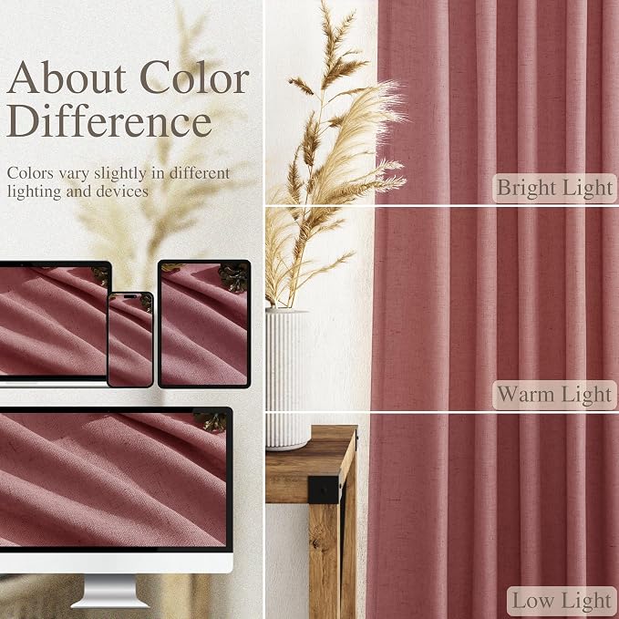 Canyon Rose Linen Curtains 102 Inches Long Rod Pocket Back Tab Drapes 2 Panels Set for Living Room Sheer Light Filtering Semi Sheer Dusty Rose Curtain 102 Length for Patio Sliding Glass Door 52x102