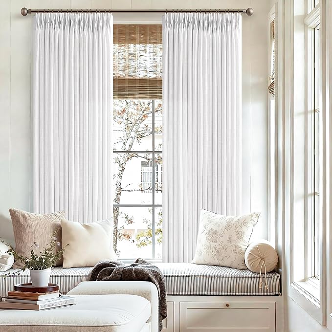 Semi Sheer Curtains 63 Inch Length 2 Panel Set for Kitchen Dining Small Windows Pinch Pleated Boho Linen Light Filtering Snow White Curtains Privacy Pinch Pleat Back Tab for Living Room Bedroom
