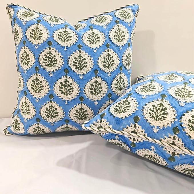 ATOSII Block Print Throw Pillow Covers, 20" X 20" - Set of 2, Decorative Couch Pillows for Living Room Bed Sofa, 100% Cotton Canvas Pillow Case for Home Decor & Outdoors, Preppy Throws - Kari Blue