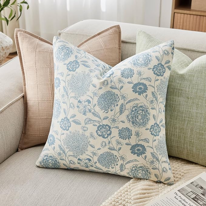 100% Cotton Botanical Throw Pillow Covers Set of 2, 16x16 Inch Light Blue, Farmhouse Double-Sided Floral Print Decorative Cushion Covers Pillow Cases Boho Home Decor