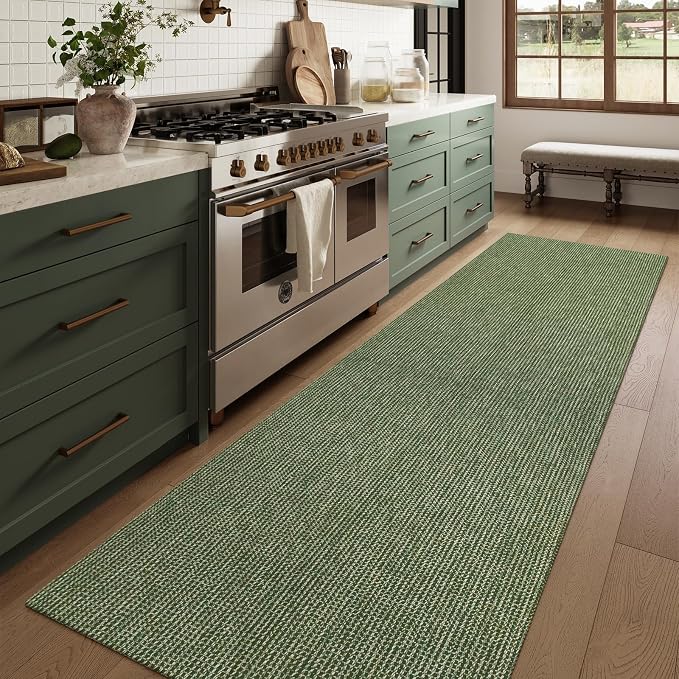 Uphome Kitchen Runner Rug, 2'6x10 Washable Boho Rug Runners for Hallways Non Slip, Low Pile Woven Cotton Modern Carpet Runners, Stain Resistant Bedroom Runner Rug for Hallway Entryway Entrance, Green