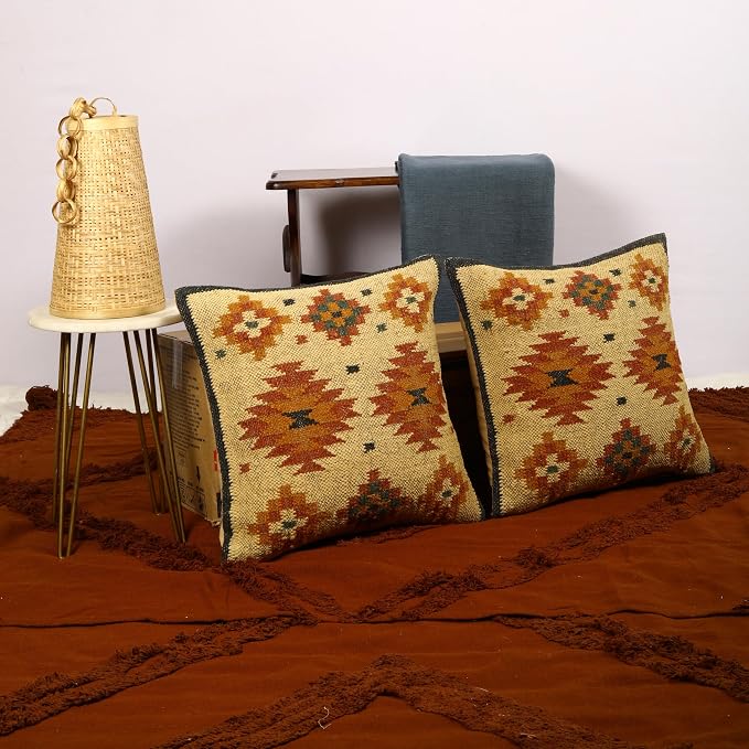 Trade Star Set of 2 Kilim Handwoven Pillowcases Southwestern Cushion Cover 18x18 Inches Designer 70% Jute 30% Wool Cushion Cover Throw Pillow Cover Handloomed Rug Decorative Cushion case (Kilim 15)